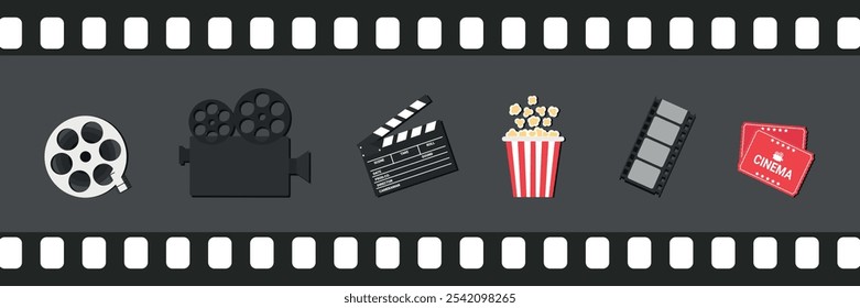 Cinema movie icons in filmstrip frame. Video camera, film reel, clapperboard, film strip, popcorn and cinema tickets. Vector illustration