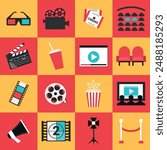 Cinema movie icons set. 3d glasses, camera, tickets, movie theater reservation, clapper board, film strip, film reel, popcorn bucket, movie theater screen, light projector