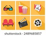 Cinema movie icons set. 3d glasses, popcorn bucket and soda, cinema tickets, chairs, clapper board and film reel. Movie symbols in flat style  