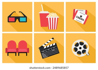 Cinema movie icons set. 3d glasses, popcorn bucket and soda, cinema tickets, chairs, clapper board and film reel. Movie symbols in flat style  