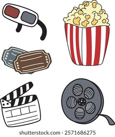 Cinema movie icons set. 3d glasses, popcorn bucket , cinema tickets, clapper board and film reel. Movie symbols.