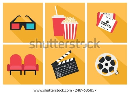 Cinema movie icons set. 3d glasses, popcorn bucket and soda, cinema tickets, chairs, clapper board and film reel. Movie symbols in flat style  