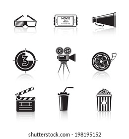 Cinema (movie) icons set black with reflections - cinema projector, film strip, 3D glasses, clapboard, popcorn in a striped tub, cinema ticket, glass of drink.