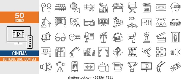 Cinema and Movie Icons Set – Film, Entertainment, Theater Vector illustration. editable stroke
