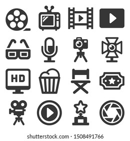 Cinema and Movie Icons Set on White Background. Vector