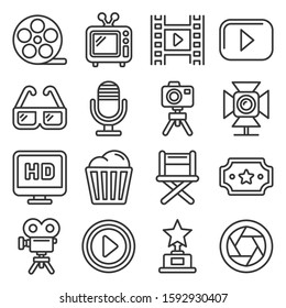 Cinema and Movie Icons Set on White Background. Line Style Vector