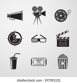 Cinema (movie) icons set with - cinema projector, film strip, 3D glasses,  clapboard, popcorn in a striped tub, cinema ticket, glass of drink.