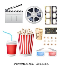 Cinema Movie Icons Set. Realistic Items Film Festival Directors Attributes TV. Cinematography Movie Festival Concept. Isolated Illustration
