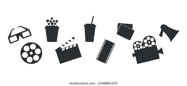 Silhuetas de ícones de cinema. Câmera de vídeo, óculos 3D, rolo de filme, clapperboard, tira de filme, pipoca, refrigerante, ingressos de cinema e megafone