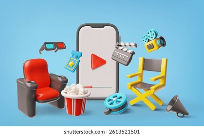 Cinema and movie industry objects realistic 3D design. Advertising and announce vector render illustration. Cartoon ticket, armchair, popcorn bucket, 3d glasses, clapboard and smartphone with player