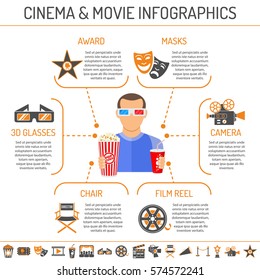 Cinema and Movie infographics with two color and flat Icons Set like popcorn, award, director chair, camera, 3D glasses and viewer. Isolated vector illustration