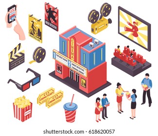 Cinema movie isometric set of isolated picture show icons junk food isometric icons and human characters vector illustration