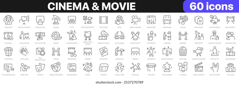 Cinema and movie line icons collection. Camera, film, film strip, director, newspaper icons. UI icon set. Thin outline icons pack. Vector illustration EPS10