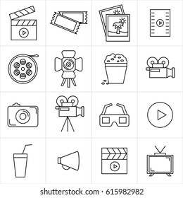 Cinema and movie line set icons. Tickets, video, camera, film, play, recording, role, photography, clapperboard, television, 3d glasses, 3d movie.