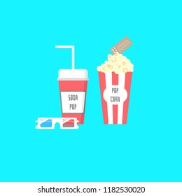 cinema movie logo label icon sticker set with popcorn, soda pop, movie ticket and 3d glasses,flat vector illustration cartoon design isolated minimal