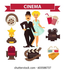 Cinema And Movie Making Elements And Equipment, Vector Flat Icons Of Comic Actor And Singer Actress, Director Camera Clapper Board, Nomination Cinematography Award, 3d Glasses And Popcorn