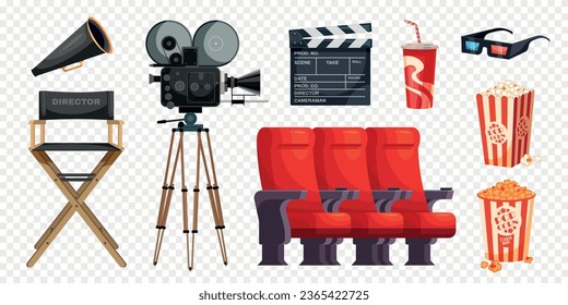 Cinema movie making objects flat set with camera seats snacks 3d glasses director chair megaphone clapper on transparent background isolated vector illustration