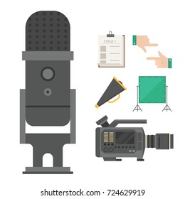 Cinema movie making tv show tools equipment symbols icons vector cinematography illustration.