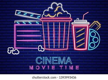 Cinema movie neon symbol Vector. Glowing sign dark background. Shinning billboard templates