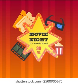 Cinema Movie Night Poster Pop Up Vintage Golden Magic Eight Pointed Star Banner Window Vector Design