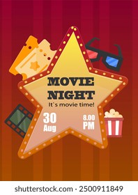 Cinema Movie Night Poster Pop Up Vintage Golden Left Asymmetric Five Pointed Star Banner Window Vector Design