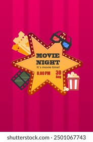 Cinema Movie Night Poster Pop Up Vintage Red Six Pointed Star Banner Window Vector Design