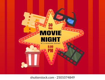 Cinema Movie Night Poster Pop Up Vintage Red Asymmetric Eight Pointed Star Banner Window Vector Design
