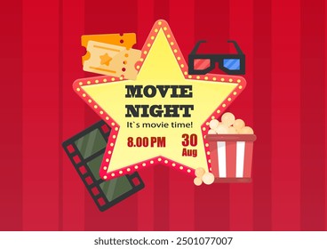 Cinema Movie Night Poster Pop Up Vintage Red Five Pointed Star Banner Window Vector Design