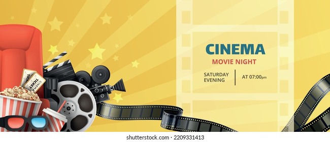 Cinema movie night realistic poster banner with camera reels popcorn 3d glasses vector illustration