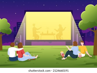 Cinema Movie Night With Sound System To Watching Film On Outdoor Big Screen In Flat Design Background Illustration For Poster Or Banner