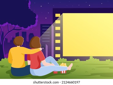 Cinema Movie Night With Sound System To Watching Film On Outdoor Big Screen In Flat Design Background Illustration For Poster Or Banner