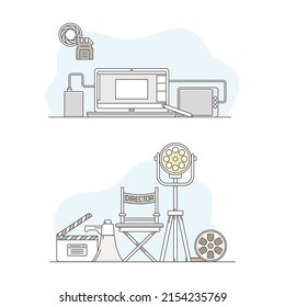Objetos de cine establecidos. Director de cátedra, carrete de película, reflector, clapperboard e ilustración del vector de ordenador portátil