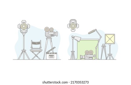 Cinema movie objects set. Director chair, movie camera with film reels, searchlight and clapperboard vector illustration
