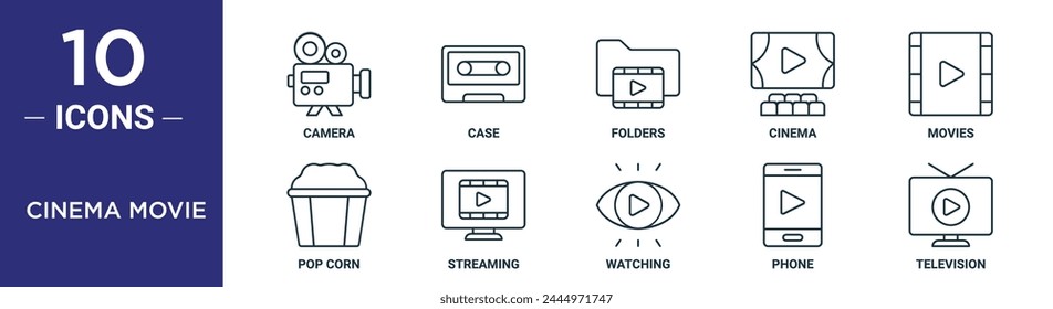 cinema movie outline icon set includes thin line camera, case, folders, cinema, movies, pop corn, streaming icons for report, presentation, diagram, web design