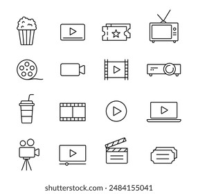 Cinema movie outline icons. Cinema, movie, video, film icon set