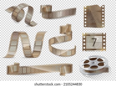 Cinema movie and photography 35 mm film strip template, vector flat element in vintage style. Cinema strip isolated icon set with recorded film on tape, cinematography retro photo roll with frames