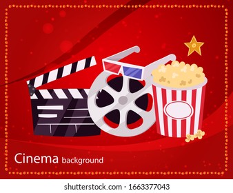 Cinema Movie And Popcorn Bowl, Film Bobbin And Video Attributes Retro Vector Illustration. Cinematography Symbols With Cinematic Background For Films Lovers.