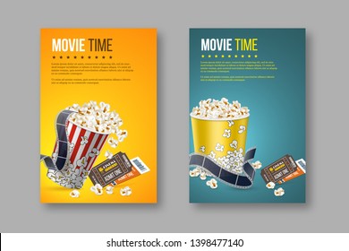 Cinema and movie poster design. 3d realistic popcorn, film tape and tickets on blue and yellow background. Vector template for ad, banner, presentation.