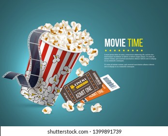 Cinema and movie poster design. 3d realistic popcorn, film tape and tickets on blue background. Vector template for ad, banner, presentation.