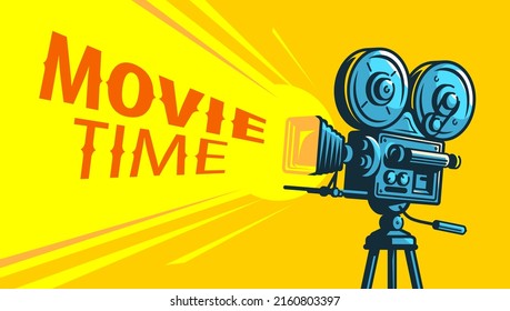 Diseño de afiches de películas de cine. Vector de banner MOVIE TIME. Fondo de la cámara de cine retro