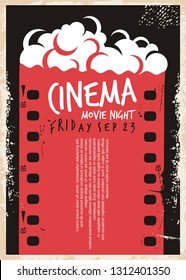 Cinema Movie Poster With Film Strip And Pop Corn. Movie Night Flyer Template. Retro Ad Cinema Concept On Old Paper Textured Background. Vintage Vector Illustration.