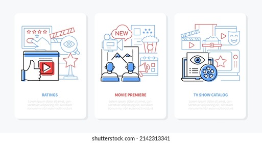 Cinema And Movie Premiere - Line Design Style Banners Set With Editable Stroke And Place For Text. Star Rating, TV Show Catalog, Film Night. Popcorn, Video, Blockbuster And Entertainment Idea