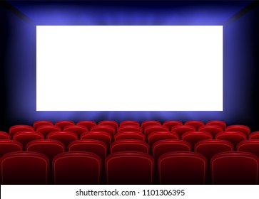 Cinema movie premiere poster design with empty white screen. Realistic cinema hall interior with red seats. Vector illustration.