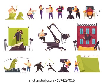 Cinema Movie Production Flat Comic Set With Film Crew Cast Funny Scenes Constructing Shooting Location Vector Illustration