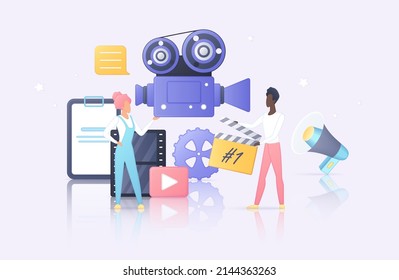 Cinema movie production. Tiny crew of director assistant with clapperboard and cameraman with video camera working on film, filmmaking process flat vector illustration. Cinematography concept