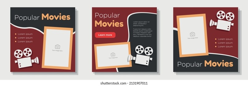 Cinema Movie Promotion Social Media Post, Banner Set, Movie Night Advertisement Concept, Old Film Camera Marketing Square Ad, Abstract Print, Isolated On Background.