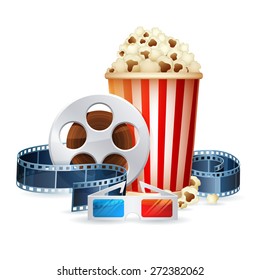 Cinema and movie realistic objects isolated on white, film reel, clapper, popcorn, 3D glasses detailed vector illustration