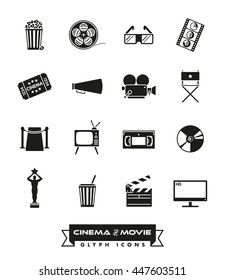 Cinema and movie related vector icons set. Collection of 16 glyphs.