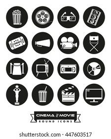 Cinema and movie related vector icons in circles. Collection of 16 round black symbols.