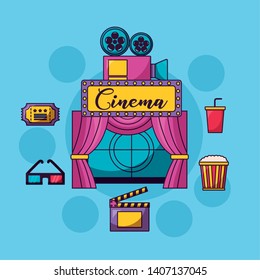 cinema movie screen curtains billboard projector soda pop corn ticket vector illustration